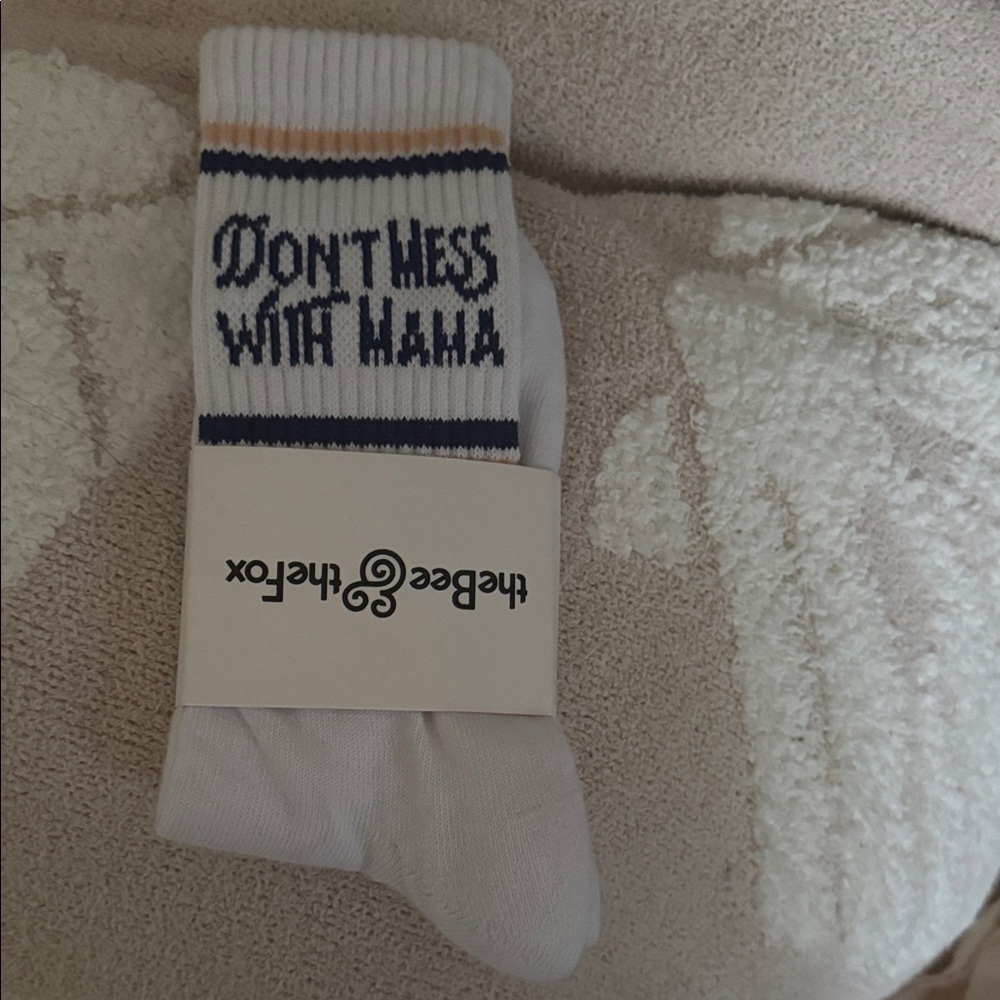 theBee theFox "Don't Mess With Mama" White Crew Socks with Navy & Tan Stripes